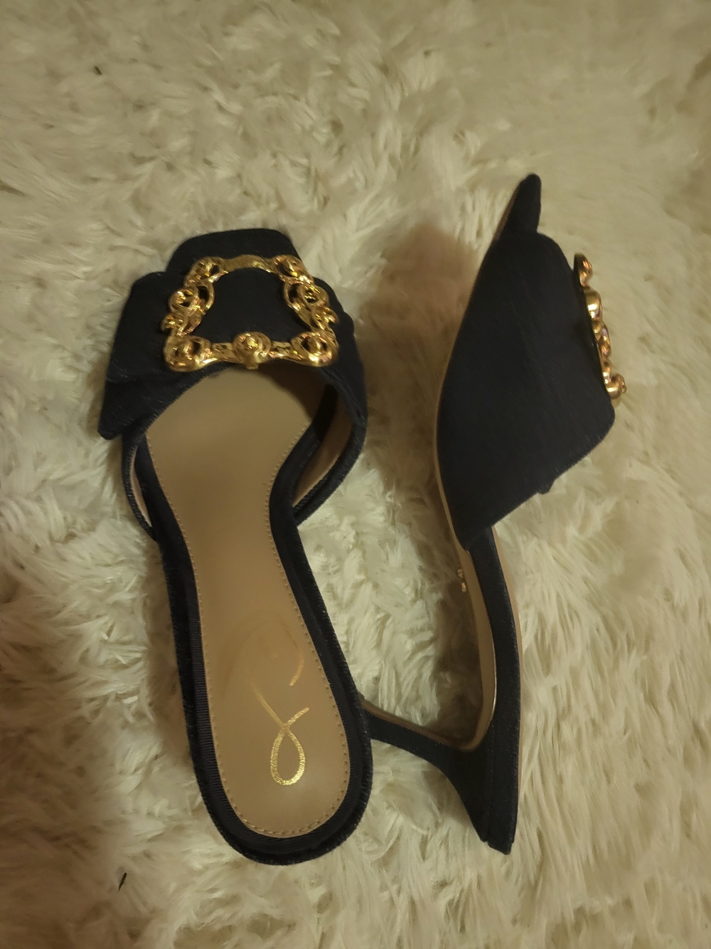 Womens Blue Slip-On Mules with Gold Decorative Buckle - Picture 3 of 6